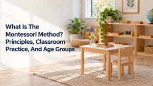 Illustrative Montessori classroom with organized shelves, child-sized table, and hands-on materials