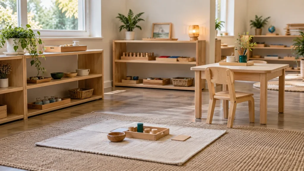 What Is The Montessori Method? Principles, Classroom Practice, And Age Groups 5 Illustrative Montessori classroom with accessible shelves, child-sized tables, and hands-on materials
