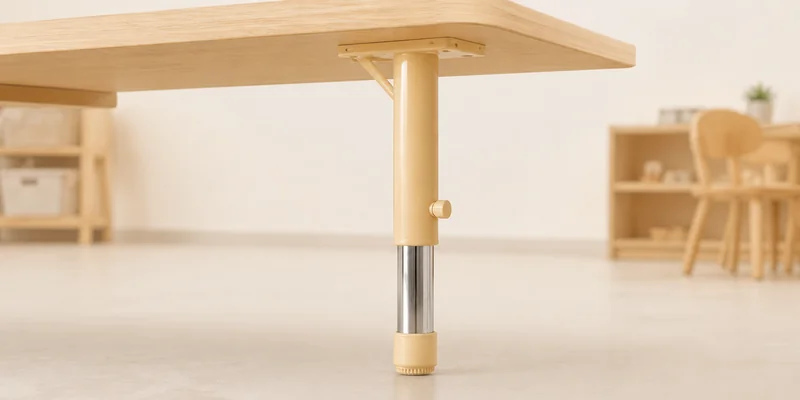 Preschool Table Height: How to Match Tables And Chairs 6 Close view of the referenced warm beige preschool table leg with a chrome telescoping tube, side locking knob, mounting plate, and brace