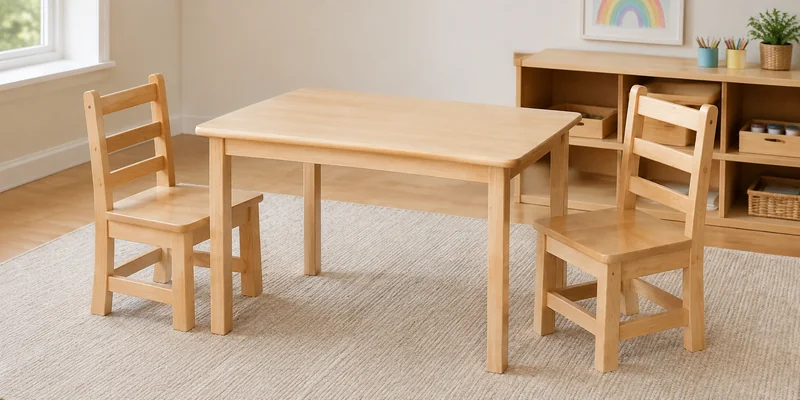 Preschool Table Height: How to Match Tables And Chairs 5 Fixed-height light hardwood preschool table with slim solid wood legs and two matching three-rung chairs