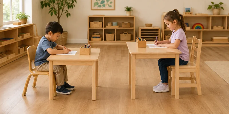 Preschool Table Height: How to Match Tables And Chairs 7 Mixed-age preschool classroom with a lower fixed solid wood table and bent plywood chair beside a taller table and three-rung chair