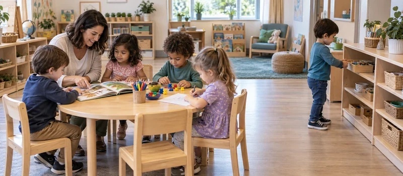 Pre-K small-group learning area with a child-sized table, books and hands-on materials