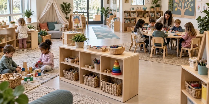 Preschool and Pre-K classroom zones with child-sized tables, shelves and open movement paths