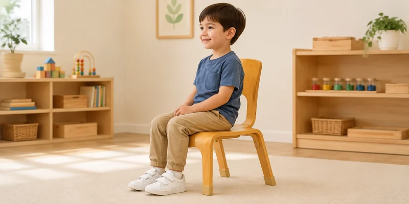 Preschool Table Height: How to Match Tables And Chairs 1 Preschool child seated on the referenced bent plywood chair with both feet flat and knees comfortably bent