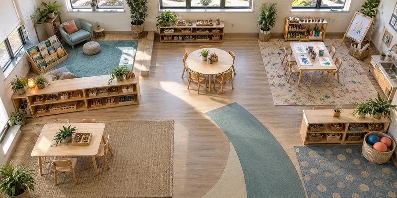 Preschool classroom floor plan showing activity zones, storage and transition paths