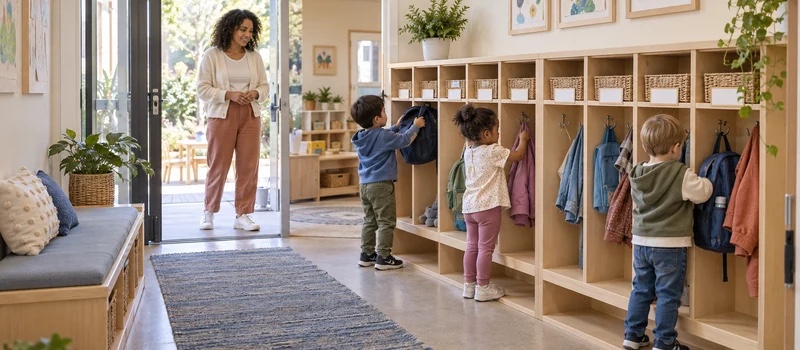 Preschool cubbies and child-height storage supporting arrival and independent routines
