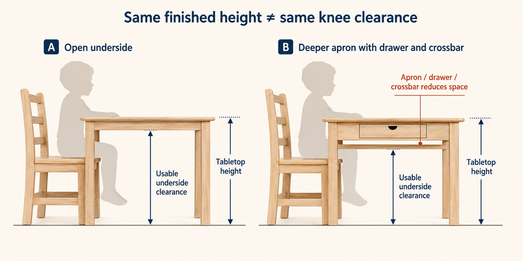 Preschool Table Height: How to Match Tables And Chairs 3 Comparison of the same preschool tabletop height with open underside clearance versus reduced knee clearance from a deeper apron, drawer, and crossbar