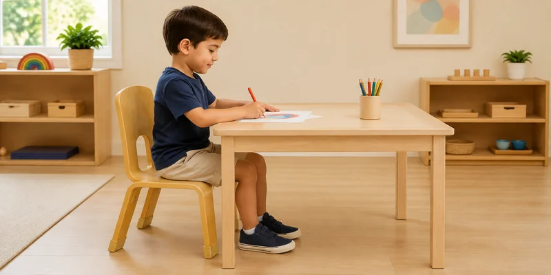 Preschool Table Height: How to Match Tables And Chairs 2 Child drawing at a fixed solid wood preschool table on the referenced bent plywood chair with relaxed elbows and supported feet