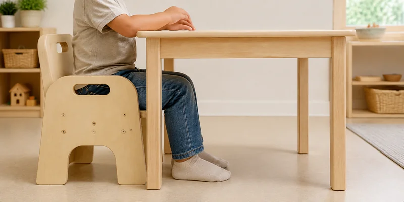 Preschool Table Height: How to Match Tables And Chairs 4 Child seated in the referenced plywood armchair with visible thigh and knee clearance beneath a fixed solid wood preschool table