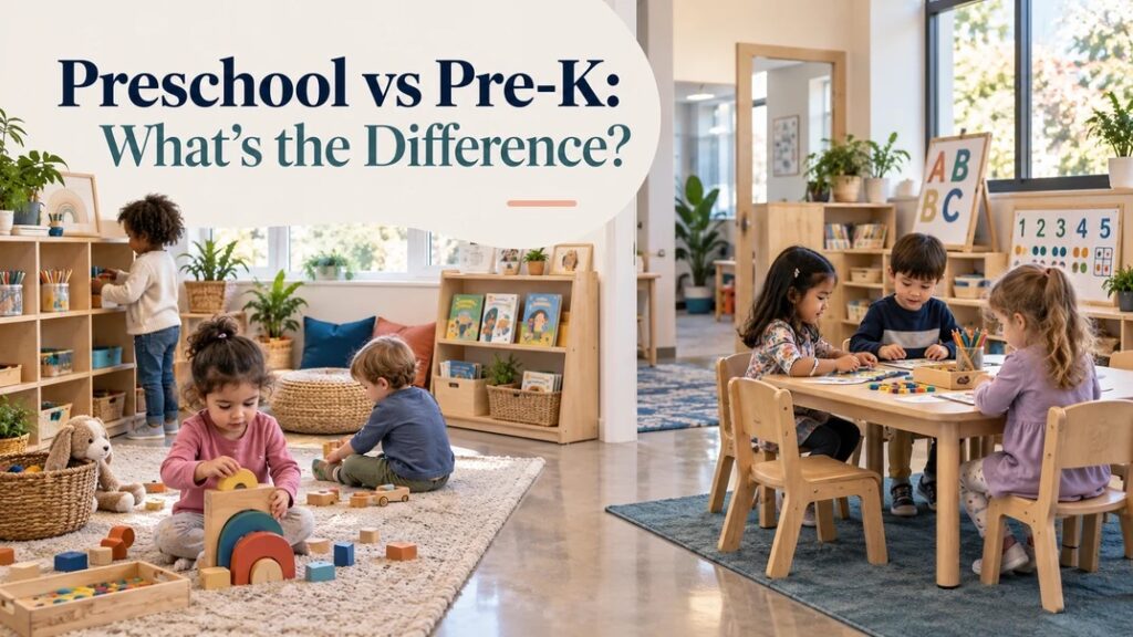 Preschool and Pre-K classroom comparison with children working in distinct learning areas