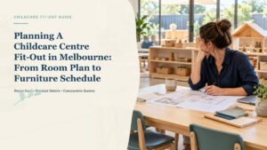Illustrative childcare centre furniture planning scene with a room plan and classroom furniture samples.