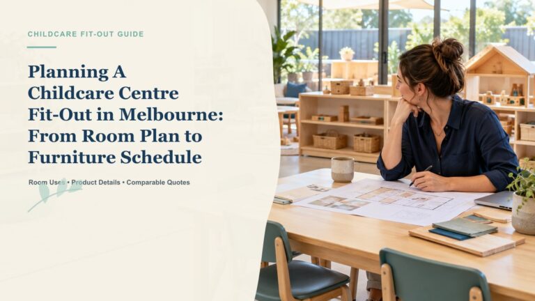 Illustrative childcare centre furniture planning scene with a room plan and classroom furniture samples.