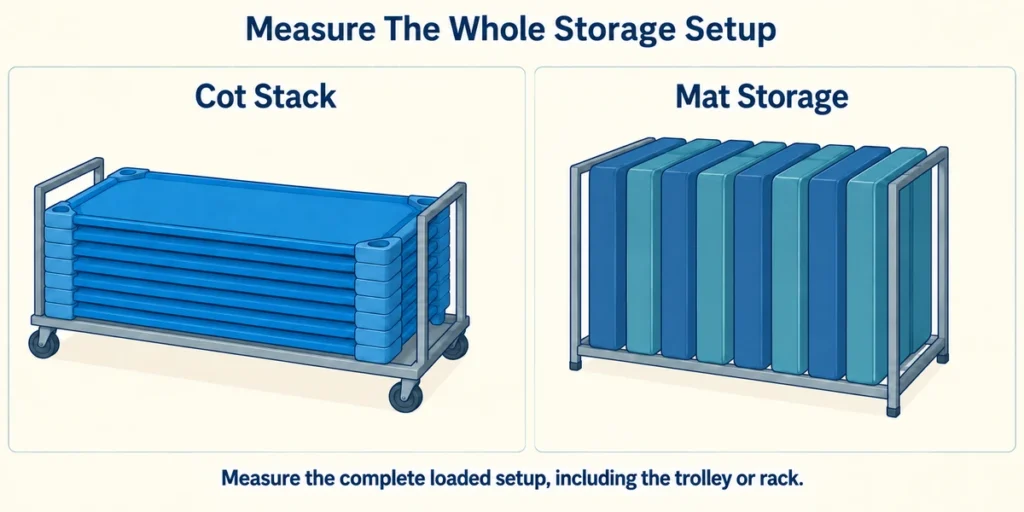 Daycare Cots vs. Nap Mats: How to Choose for Your Classroom 6 Illustrated cot trolley and nap-mat rack showing two packed-away storage arrangements.