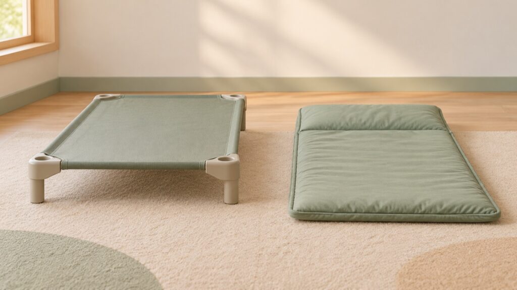 Daycare Cots vs. Nap Mats: How to Choose for Your Classroom 1 A conceptual illustration of a raised daycare nap cot beside a floor nap mat in use.