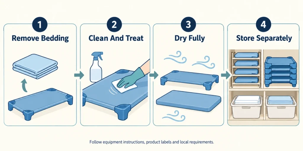 Daycare Cots vs. Nap Mats: How to Choose for Your Classroom 7 Illustrated care routine for daycare cots and mats: remove bedding, clean, dry fully and store separately; follow local rules and product instructions for sanitizing.