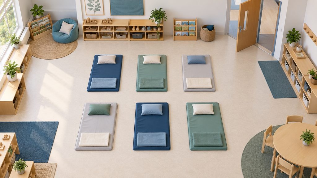 Daycare Cots vs. Nap Mats: How to Choose for Your Classroom 6 Conceptual classroom layout showing six floor nap mats placed with clear routes through an unoccupied preschool room.